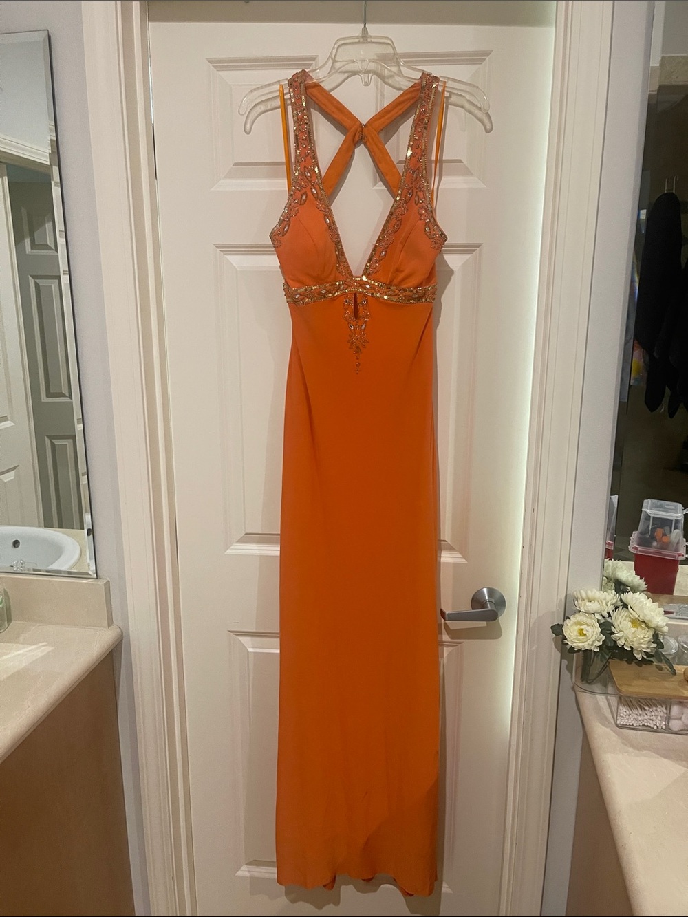 Orange Beaded Evening Gown - Sleeveless V-Neck